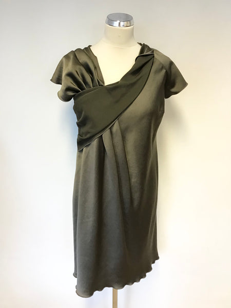 MAX MARA KHAKI SATIN TWIST & DRAPED NECKLINE SHIFT DRESS SIZE 10