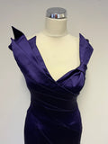KAREN MILLEN PURPLE SATIN PLEATED DETAIL NECKLINE SPECIAL OCCASION PENCIL DRESS SIZE 10