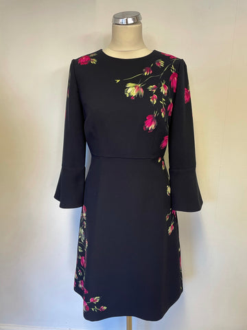 HOBBS NAVY BLUE FLORAL PRINT 3/4 SLEEVES A LINE DRESS SIZE 10