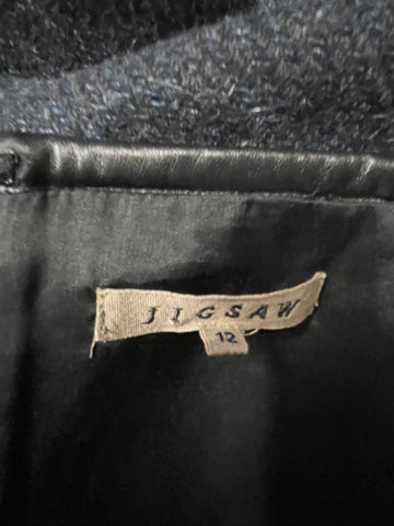 JIGSAW CHARCOAL WOOL MIX LEATHER TRIMMED STRAIGHT SKIRT SIZE 12