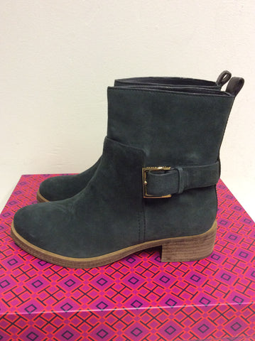 TORY BURCH IRISH CHARCOAL RILEY BUCKLE TRIM SUEDE ANKLE BOOTS SIZE 4/37