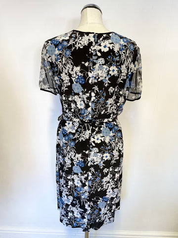 BRAND NEW ERDEM BLACK,BLUE & WHITE FLORAL PRINT SHORT SLEEVE SILK TEA DRESS SIZE 12
