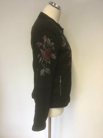 MONARI BLACK ROSE EMBROIDERED  & STUD TRIM COTTON JACKET SIZE 16