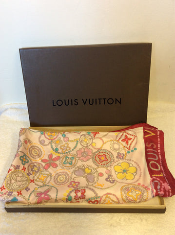 LOUIS VUITTON PINK & MULTI COLOURED FLORAL & BEAD PRINT SILK SCARF