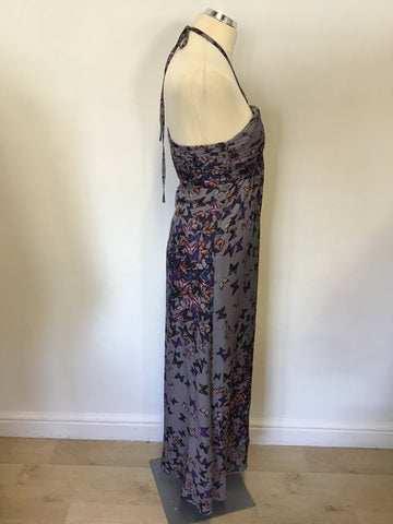 TED BAKER GREY BUTTERFLY PRINT SILK HALTER NECK / STRAPLESS MAXI  DRESS SIZE 1 UK 8