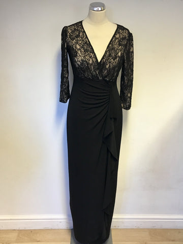 LONDON TIMES BLACK LACE TOP 3/4 SLEEVE LONG EVENING DRESS SIZE 8 UK 12