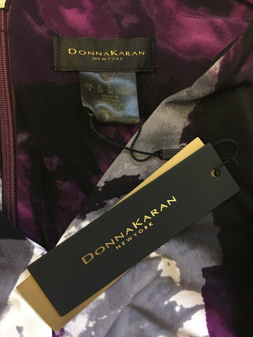 BRAND NEW DONNA KARAN PURPLE PRINT TWIST FRONT LONG SLEEVE DRESS SIZE UK 8
