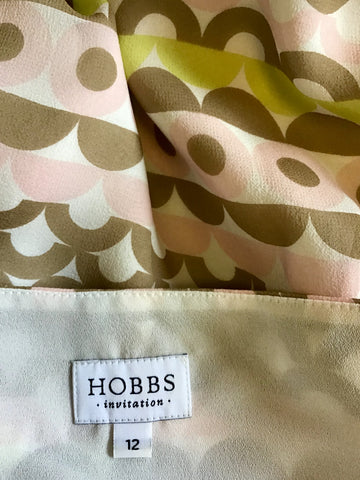HOBBS INVITATION PINK,WHITE,LIME & BROWN SILK PRINT DRESS & PINK JACKET SIZE 12