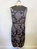 WHISTLES GREY & SILVER FLORAL PRINT SILK SLEEVELESS SHIFT DRESS SIZE 16
