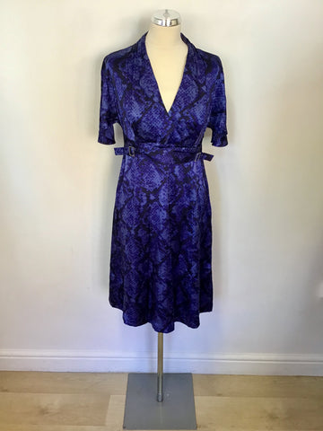 KAREN MILLEN BLACK & BLUE SNAKESKIN PRINT SILK DRESS SIZE 12