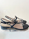 EMPORIO ARMANI BLACK PATENT LEATHER TOE POST SLING BACK HEEL FLAT SANDALS SIZE 4/37