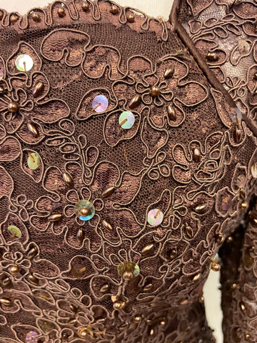 COUNTRY SOPHISTICATES BROWN LACE SEQUINNED & BEADED LONG SLEEVE TOP & LONG SKIRT SIZE 10