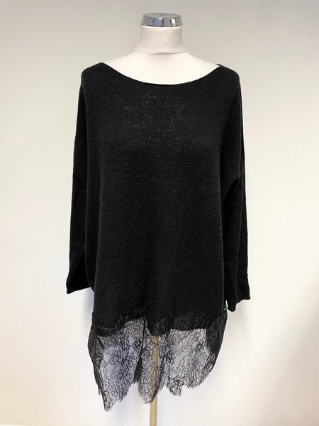 TWINSET ICONIC BLACK CASHMERE FINE KNIT & LACE HEM RELAXED FIT JUMPER SIZE L