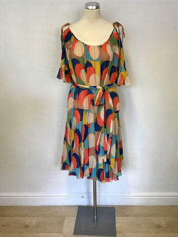 JAEGER MULTI COLOURED SPOTTED SILK COLD SHOULDER TIE BELT DRESS SIZE 14