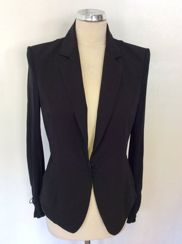 DONNA KARAN SIGNATURE BLACK WOOL SEMI SHEER SLEEVE JACKET & TROUSERS SIZE 10