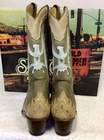 SANCHO TUNDRA DESERT,BEIGE & WHITE LEATHER COWBOY BOOTS SIZE 5/38
