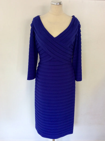 GINA BACCONI BLUE PLEATED 3/4 SLEEVE SPECIAL OCCASION DRESS SIZE 16