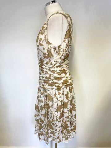 JIGSAW TAUPE & IVORY PRINT SILK & COTTON SLEEVELESS DRESS SIZE 14