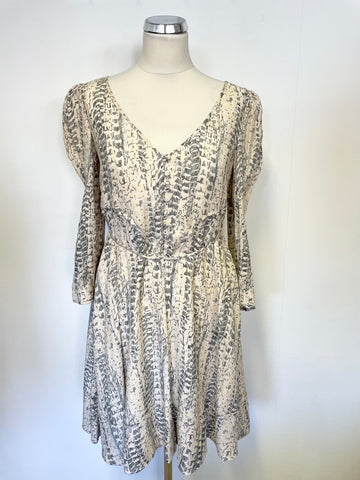 REISS JULIETTE CREAM & GREY FEATHER PRINT 3/4 SLEEVE DRESS SIZE 8