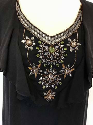 TEMPERLEY BLACK SILK BEADED & JEWEL TRIM SILK SHIFT DRESS SIZE 8