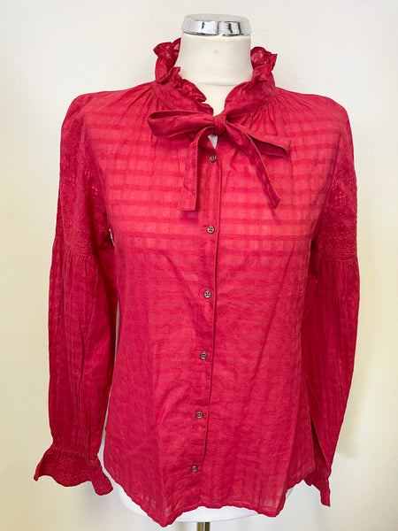 BRORA RED COTTON FRILLED LONG SLEEVED TIE FRONT SHIRT SIZE 10