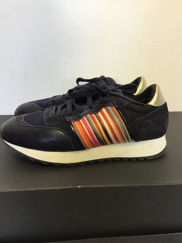 PAUL SMITH NAVY BLUE SUEDE & LEATHER MULTI COLOURED STRIPE TRAINERS SIZE 6/39
