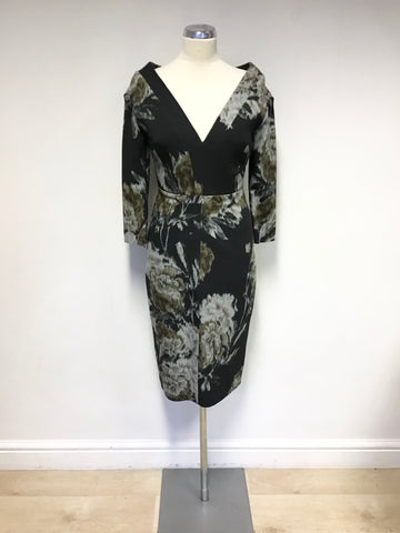 NO 21 BLACK,BROWN & GREY FLORAL PRINT 3/4 SLEEVE PENCIL DRESS SIZE 40 UK 10