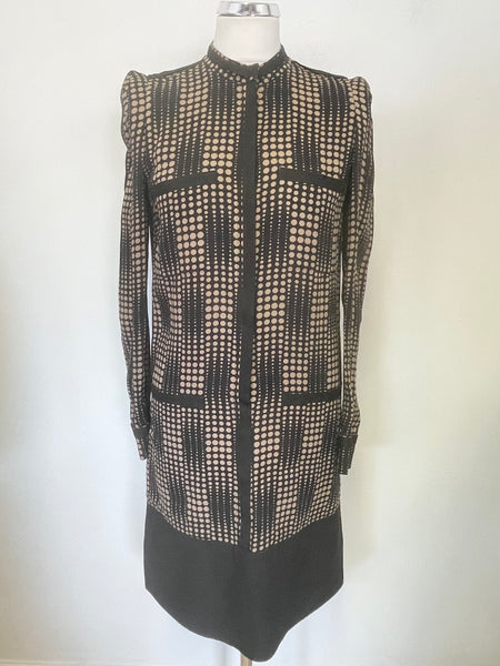 JAEGER BLACK & CAMEL SPOT 100% SILK LONG SLEEVE SHIFT DRESS SIZE 6