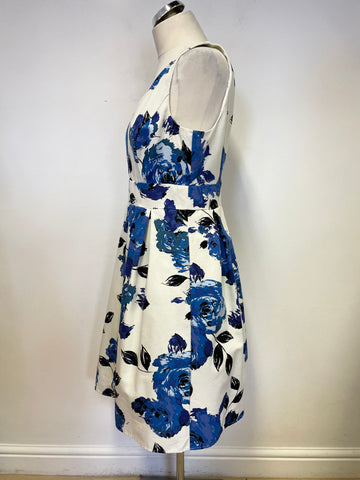 MONSOON IVORY & BLUE FLORAL PRINT SLEEVELESS FIT & FLARE DRESS SIZE 14