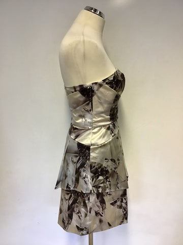KAREN MILLEN BEIGE & BROWN JEWEL PRINT SILK STRAPLESS DRESS SIZE 10