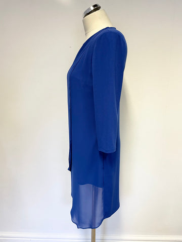PHASE EIGHT BLUE DRAPED FRONT 3/4 SLEEVE SHIFT DRESS SIZE 10