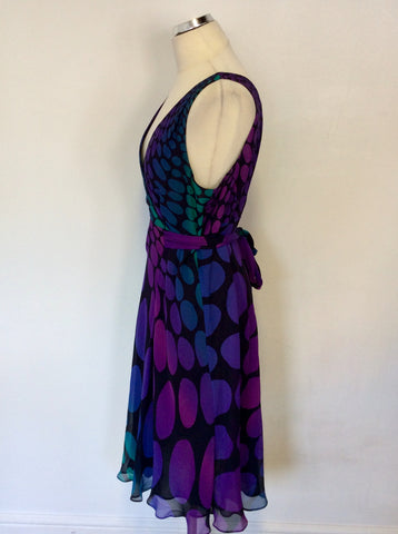 HOBBS PURPLES,PINK & GREENS SPOTTED SILK DRESS SIZE 16