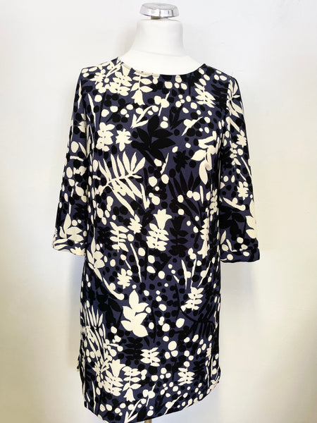 BODEN BLUE,BLACK & WHITE LEAF PRINT 3/4 SLEEVE SHIFT DRESS SIZE 12R