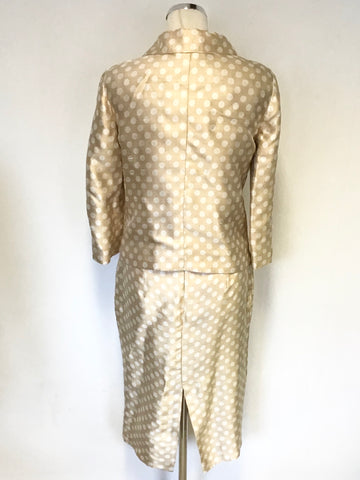 LK BENNETT GOLD & WHITE SPOT SILK BLEND SPECIAL OCCASION PENCIL DRESS & JACKET SIZE 10