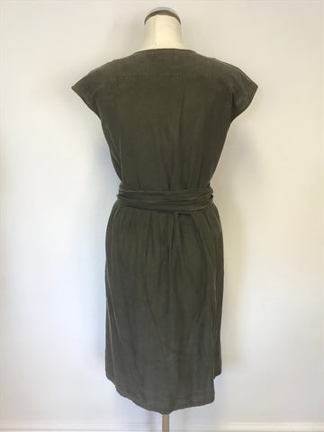 TOAST KHAKI GREEN SILK & COTTON BLEND SLEEVELESS WRAP AROUND DRESS SIZE 10
