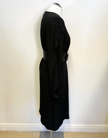 MODERN RARITY BLACK FRILLED LONG SLEEVED SHIFT DRESS WITH OPTIONAL BELT SIZE 10