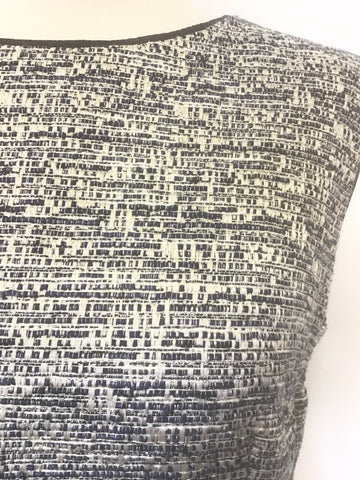 JAEGER NAVY BLUE,IVORY & SILVER WEAVE SLEEVELESS PENCIL DRESS SIZE 16