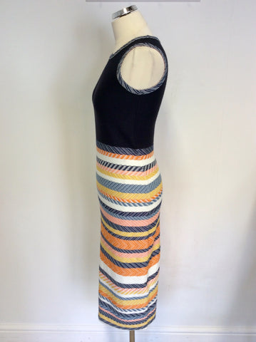 HOBBS NAVY BLUE & MULTI COLOURED STRIPE PENCIL DRESS SIZE 8