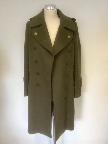 WHISTLES ARMY GREEN 100% WOOL KNEE LENGTH COAT SIZE 10