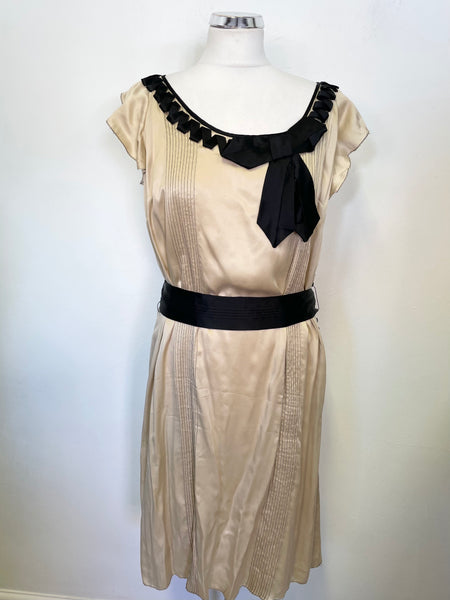 WHISTLES PALE GOLD & BLACK TRIMMED BELTED 100% SILK SHIFT DRESS SIZE 16
