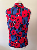 DKNY RED,BLUE,BLACK & WHITE PRINT SILK WRAP ACROSS SLEEVELESS TOP SIZE P UK S