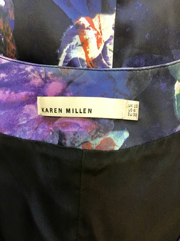 KAREN MILLEN BLACK & BLUE WITH FLORAL PRINT PENCIL DRESS SIZE 10