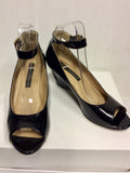 FRENCH CONNECTION BLACK PATENT PEEPTOE ANKLE STRAP WEDGE HEELS SIZE 6/39