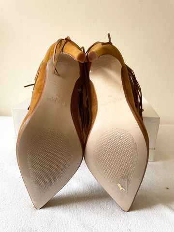BRAND NEW ZARA TAN FAUX SUEDE FRINGE TRIM HEELS SIZE 5/38