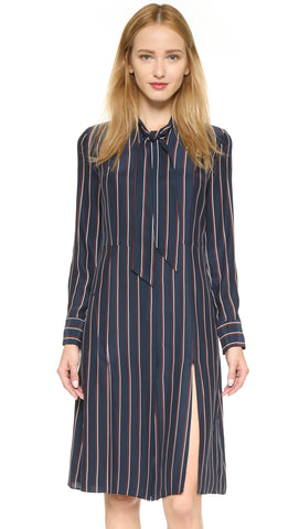 BRAND NEW FRAME NAVY VINTAGE STRIPE TIE NECK SILK SHIRT DRESS SIZE S
