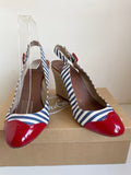 CHRISTIAN LOUBOUTIN BLUE & WHITE CANVAS STRIPE WITH RED TRIM WEDGE HEELS SIZE 5/38