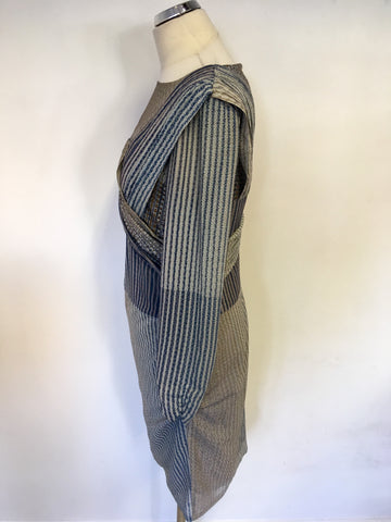 REISS BEULAH BLUE,GREY & BROWN PRINT CHIFFON DRAPED LONG SLEEVE DRESS SIZE 14