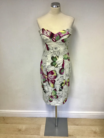 KAREN MILLEN WHITE & MULTI COLOURED BUTTERFLY PRINT STRAPLESS DRESS SIZE 10
