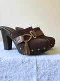 RUSSELL & BROMLEY BROWN SUEDE & LEATHER CLOG HEEL MULES SIZE 4/37