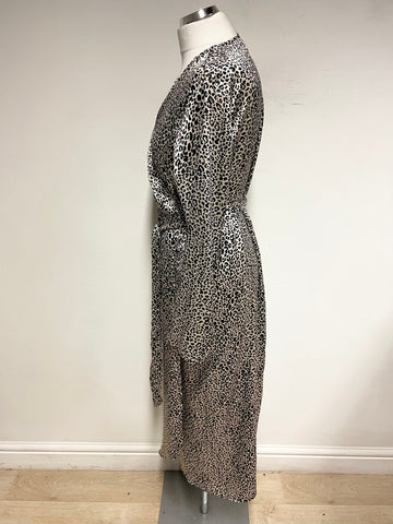 DANCING LEOPARD BLACK & PALE GOLD LEOPARD PRINT LONG SLEEVE MIDI WRAP DRESS SIZE 14
